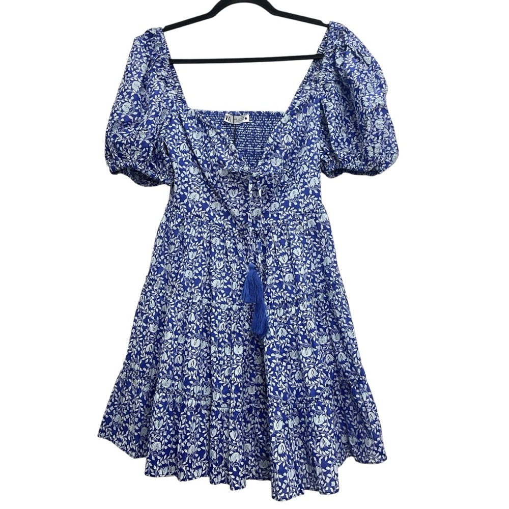 NWT Zara Indigo Blue Boho-Floral Puff Sleeve Tiered Cotton Mini Dress Size S